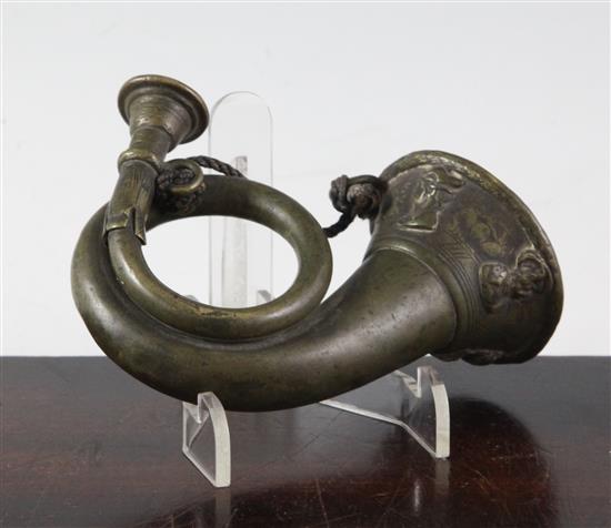 A rare late 17th century German brass miniature natural horn, signed Hieronymus Starck (1640-1693 Nurnberg), overall length 4.75in.